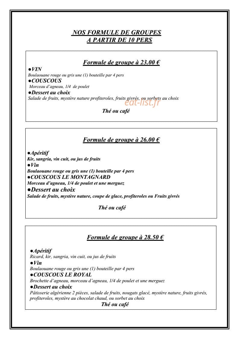 Restaurant le Berbère — carte page 1