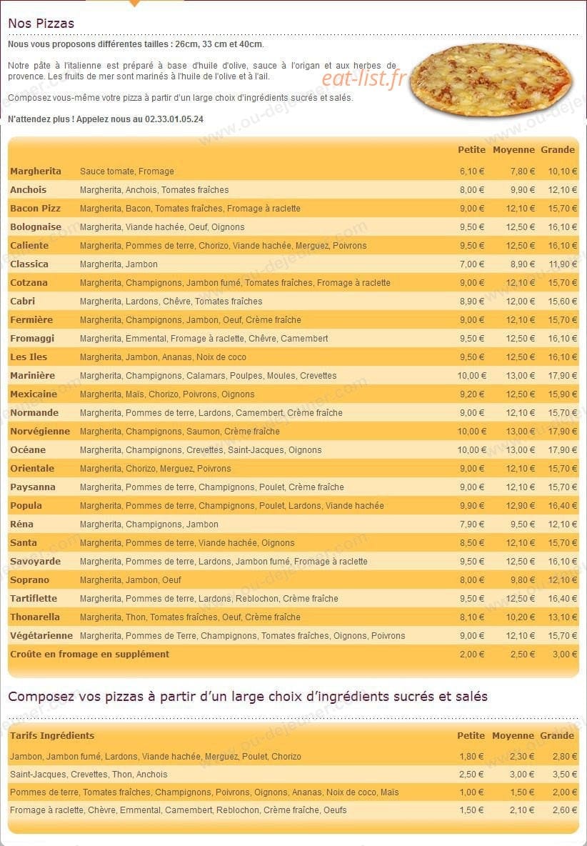 Carte et menu de A Réna d'Oro à Equeurdreville Hainnevill — Les Pizzas
