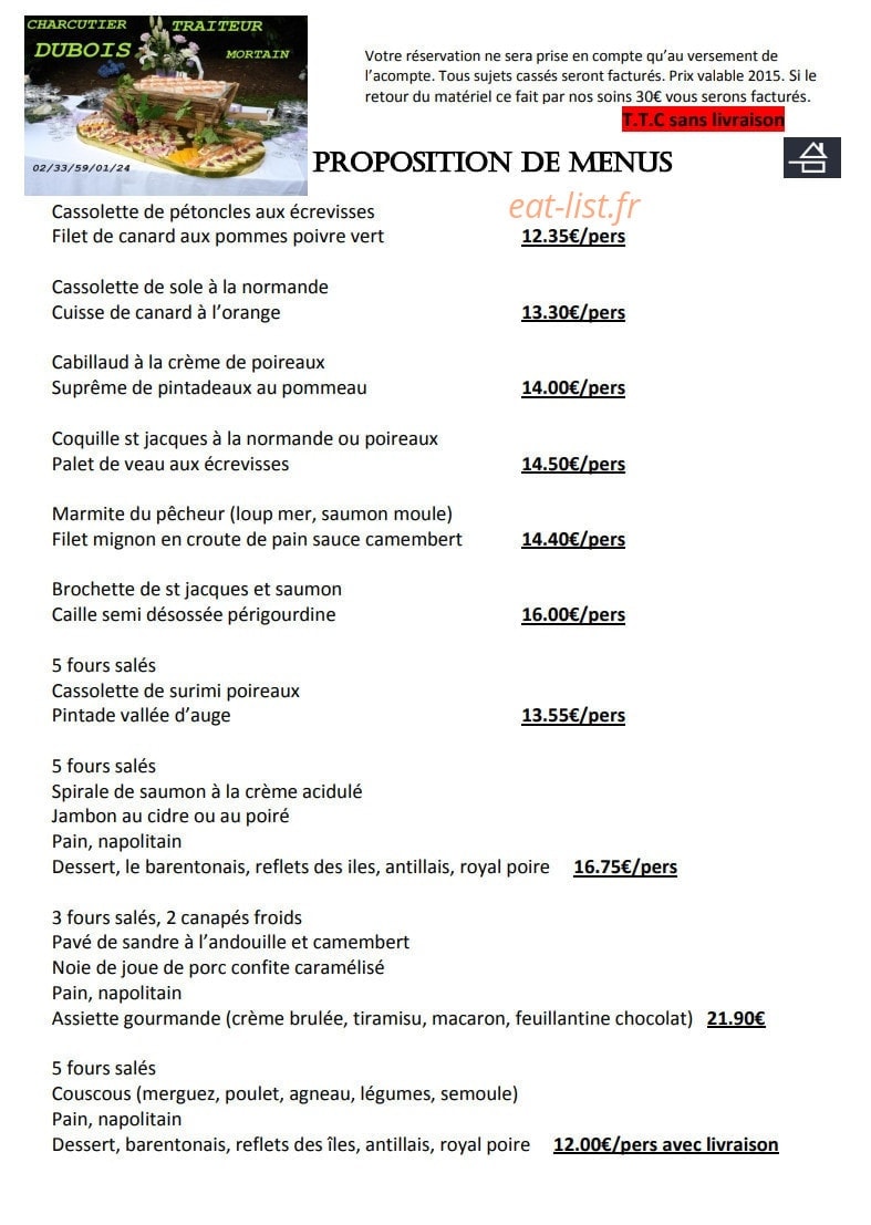 Dubois traiteur — carte page 1