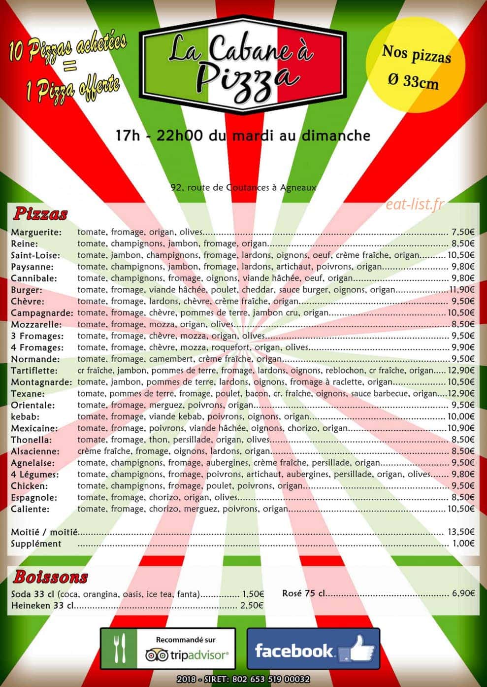 La Cabane à Pizza — carte page 1
