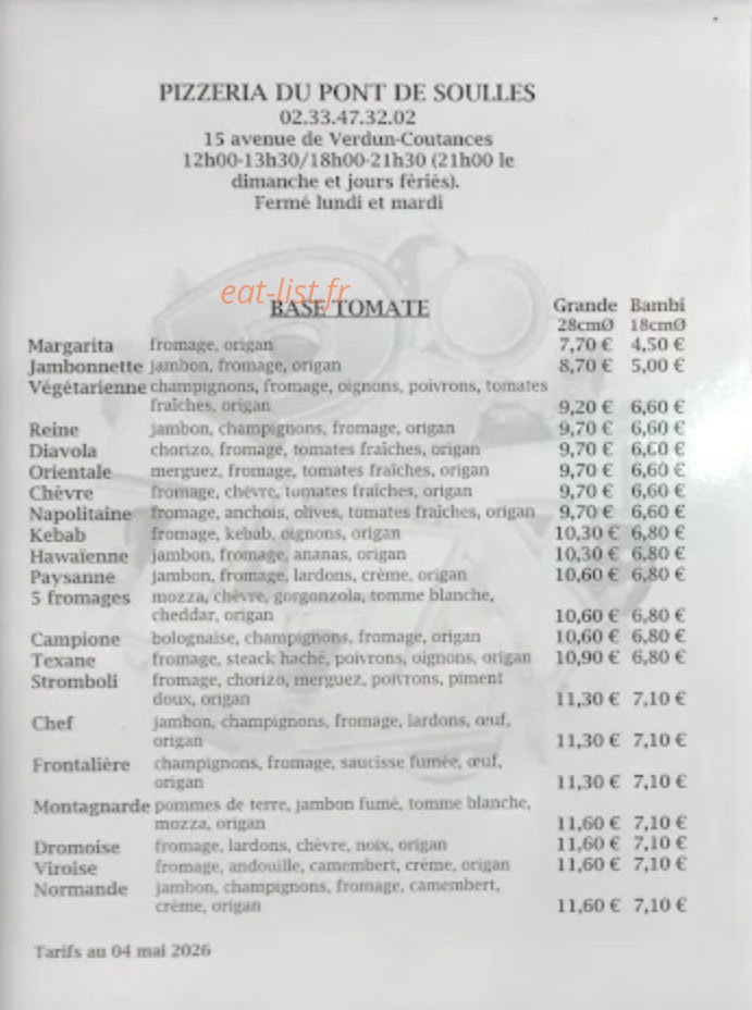 Carte et menu de Pizzeria Du Pont de Soulles à Coutances — Les pizzas