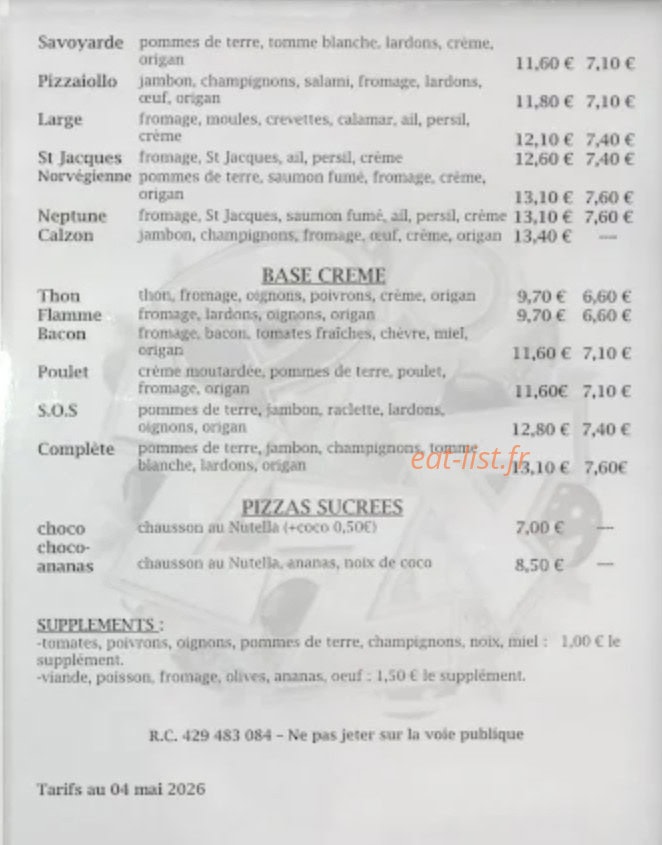 Carte et menu de Pizzeria Du Pont de Soulles à Coutances — Les pizzas