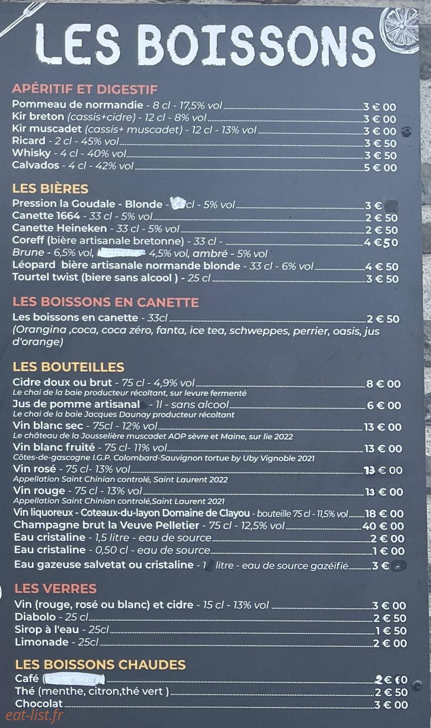 Carte et menu de Le Marquis de la Guintre à Courtils — Les boissons