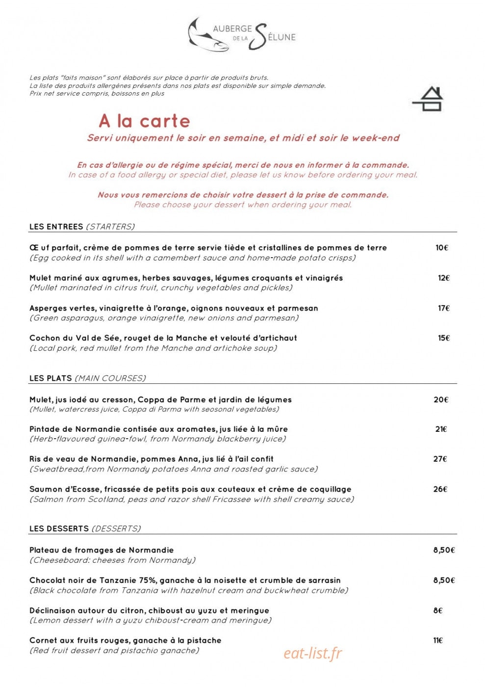 Auberge de la Selune — carte page 1