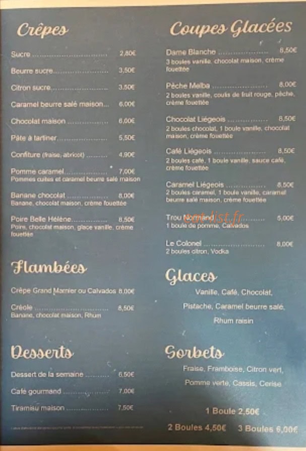 Carte et menu de Le 11 à Agon Coutainville — Crepes, coupes glacées