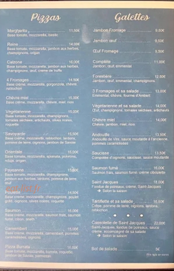 Carte et menu de Le 11 à Agon Coutainville — Les pizzas