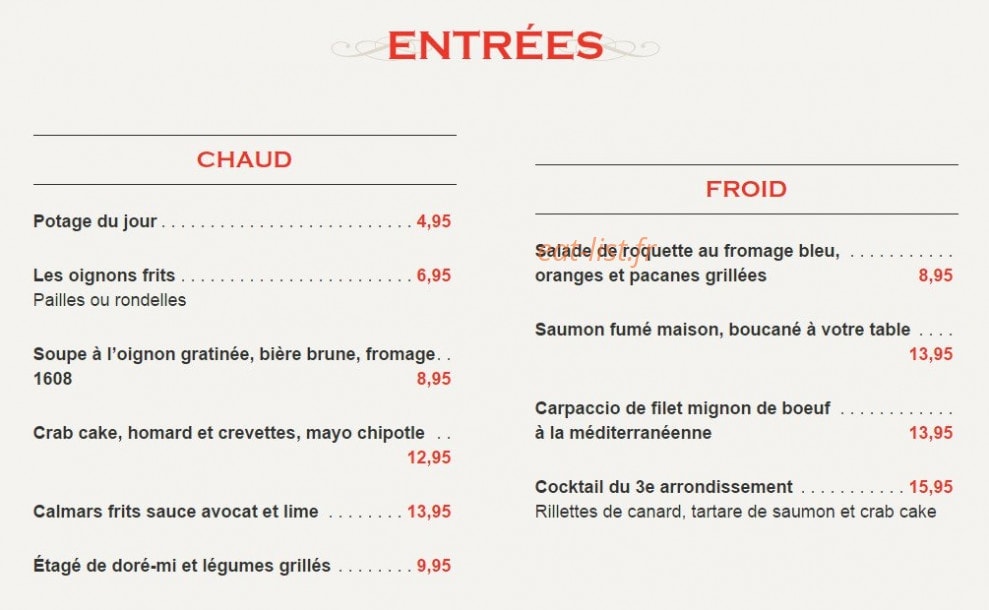 Paris Grill — carte page 1