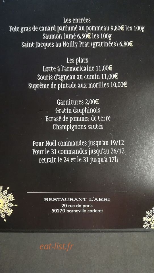 Carte et menu de L'Abri à Barneville Carteret — Exemple de menu