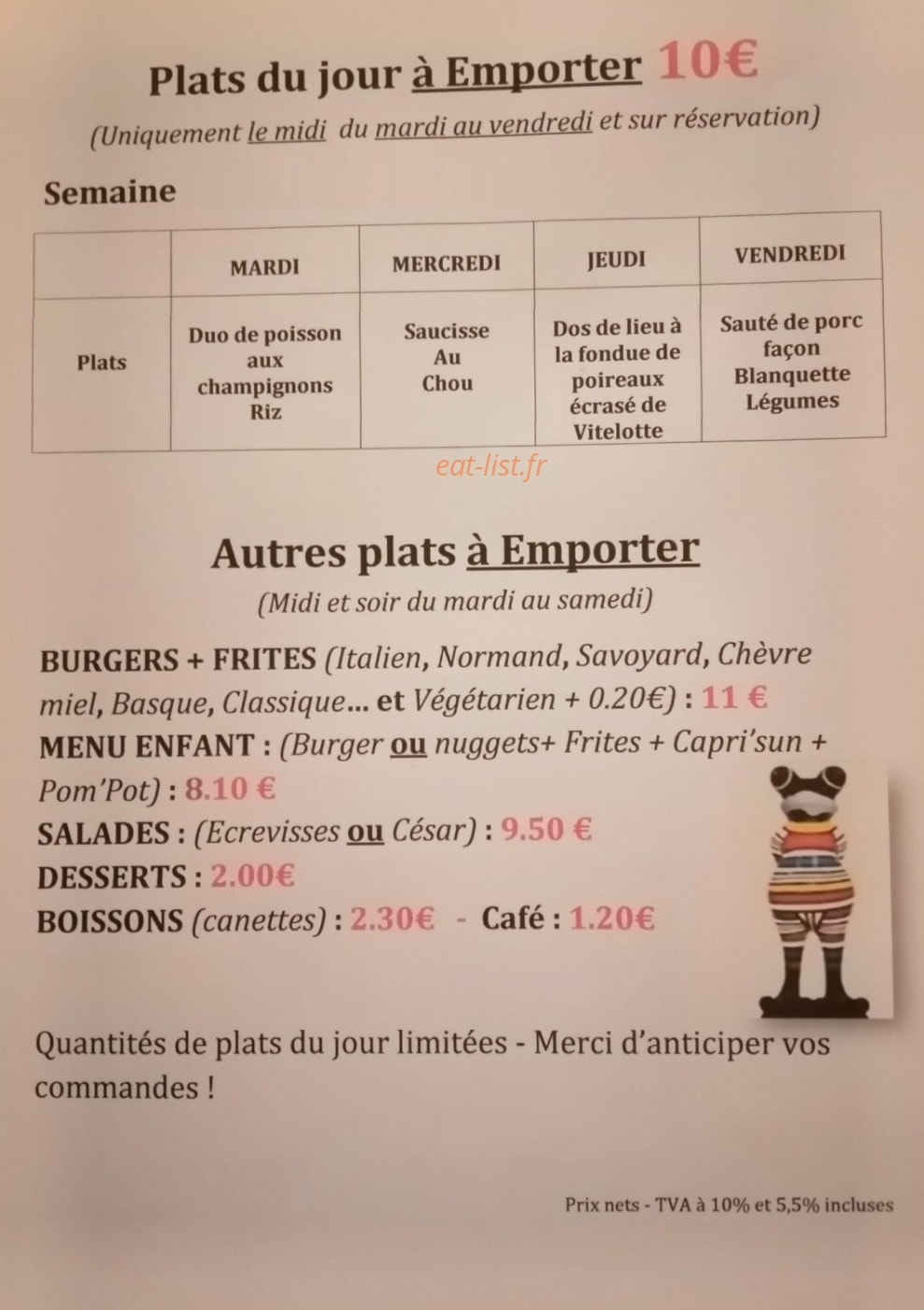 Carte et menu de L'En Bar Quai à Barneville Carteret — Un exemple des plats à emporter de la semaine