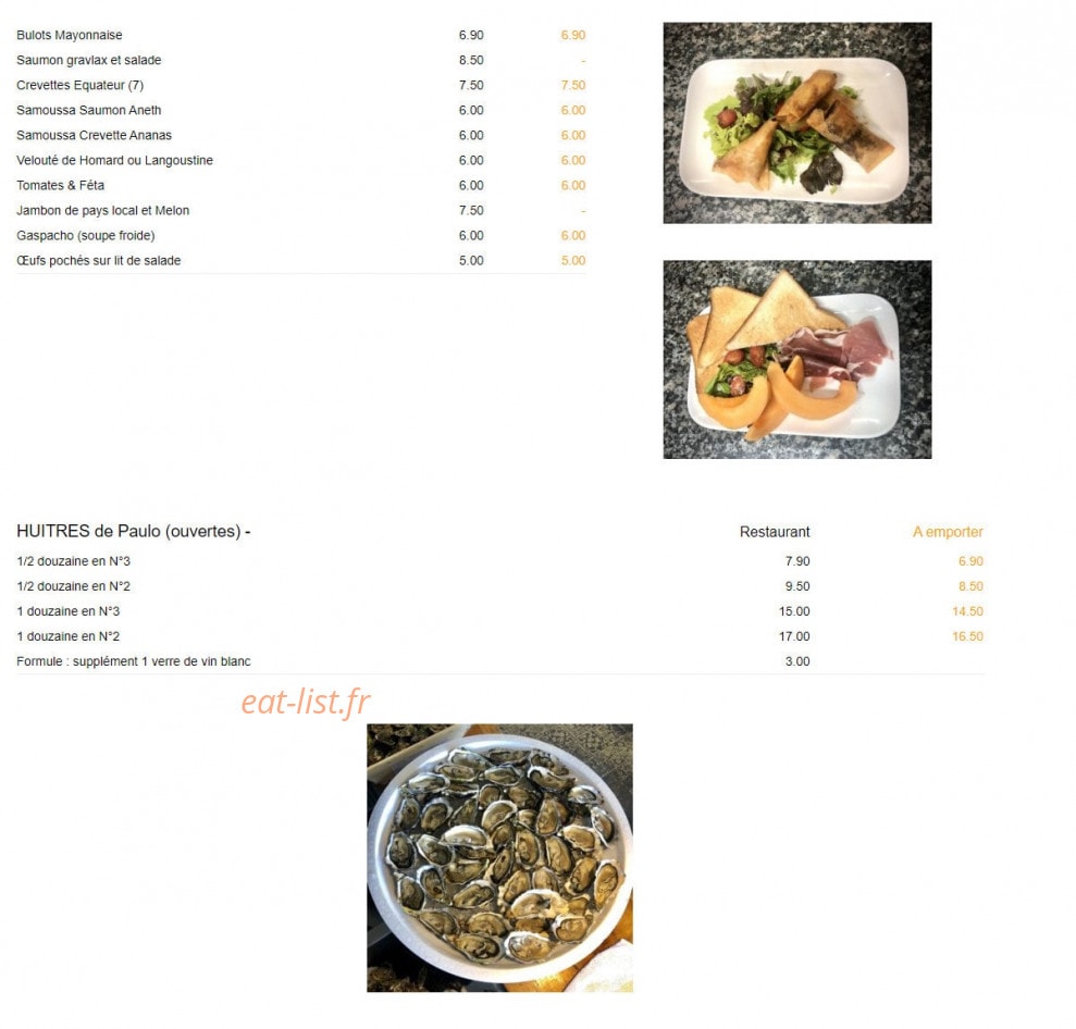 Carte et menu de Le P'tit Clapot à Barneville Carteret — Les bulots mayonnaise, huitre de Paolo, ...