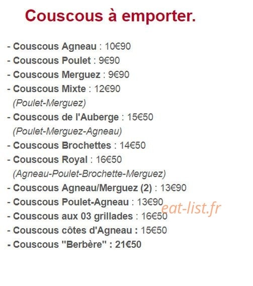 Carte et menu de L'auberge des deux églises à Les Moitiers d'Allonne — Couscous à emporter