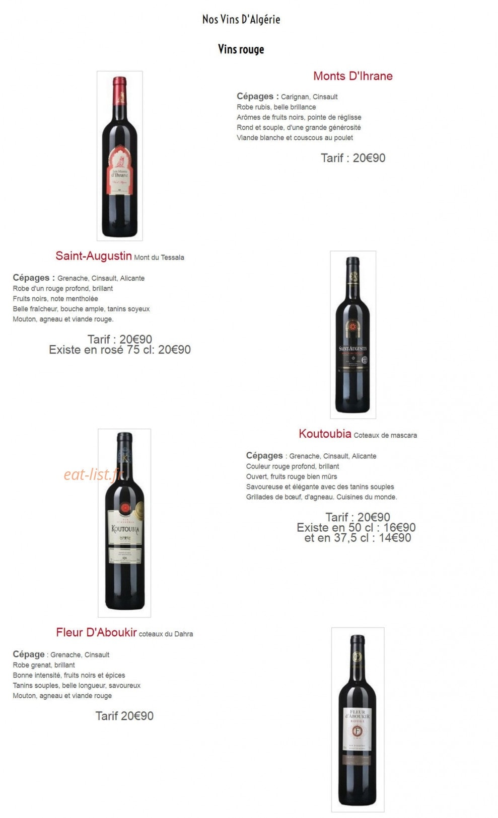 Carte et menu de L'auberge des deux églises à Les Moitiers d'Allonne — Les vins rouges