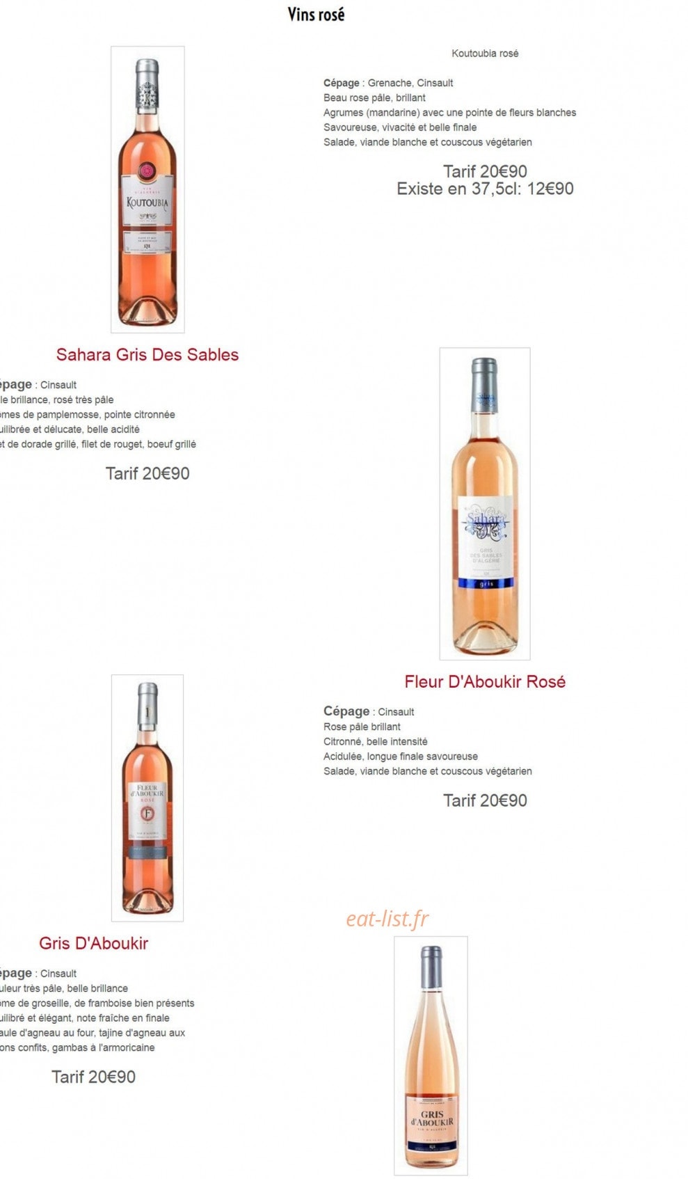 Carte et menu de L'auberge des deux églises à Les Moitiers d'Allonne — les vins rosé