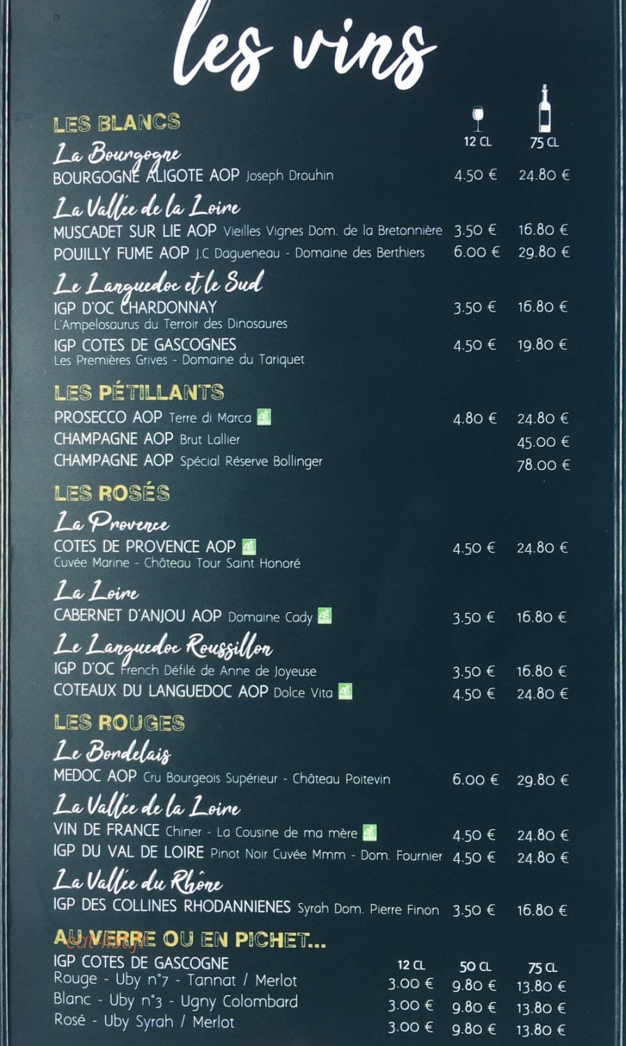 Carte et menu de La Faiencerie de la mer à Saint Pair sur Mer — Les vins