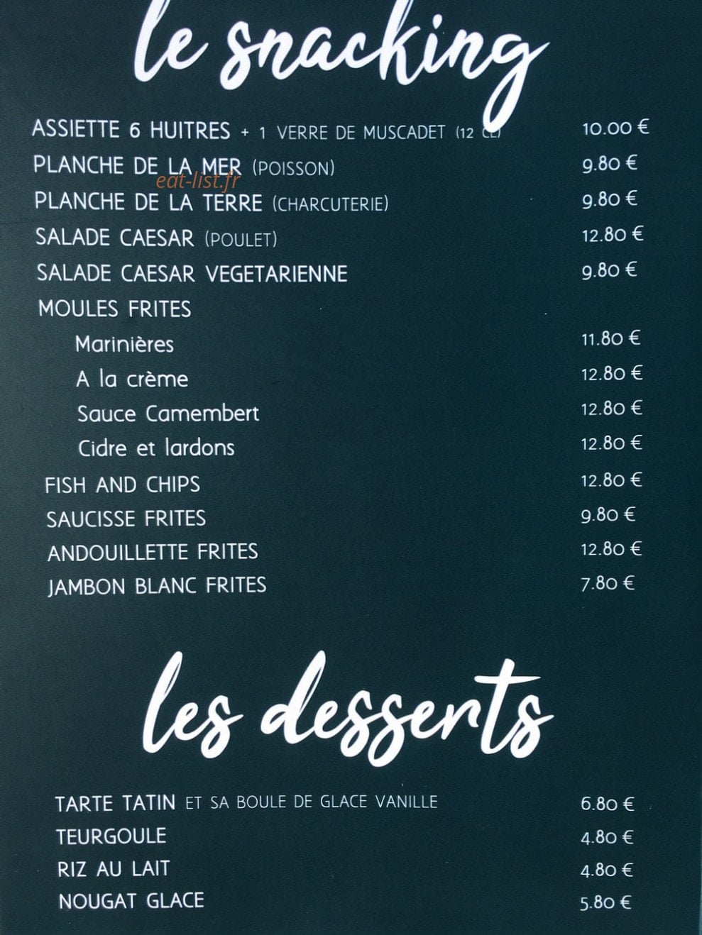 Carte et menu de La Faiencerie de la mer à Saint Pair sur Mer — Les snacking, desserts