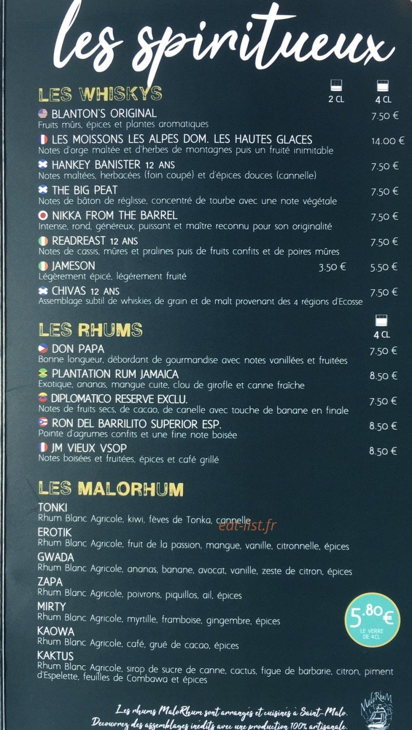 Carte et menu de La Faiencerie de la mer à Saint Pair sur Mer — Les spiritieux