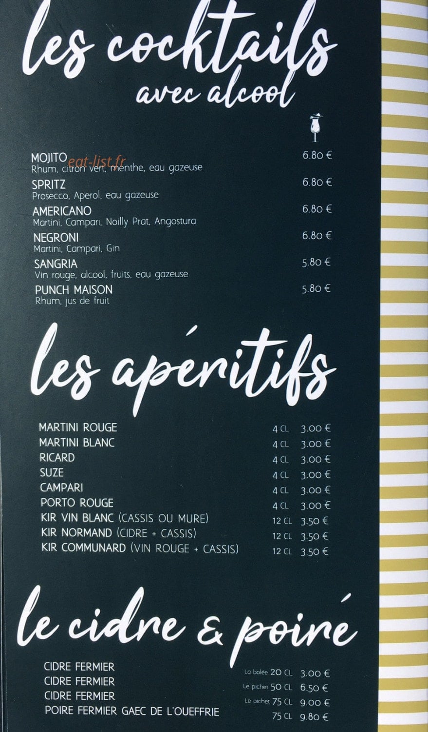 Carte et menu de La Faiencerie de la mer à Saint Pair sur Mer — Les cocktails avec alcool, apéritifs, ...