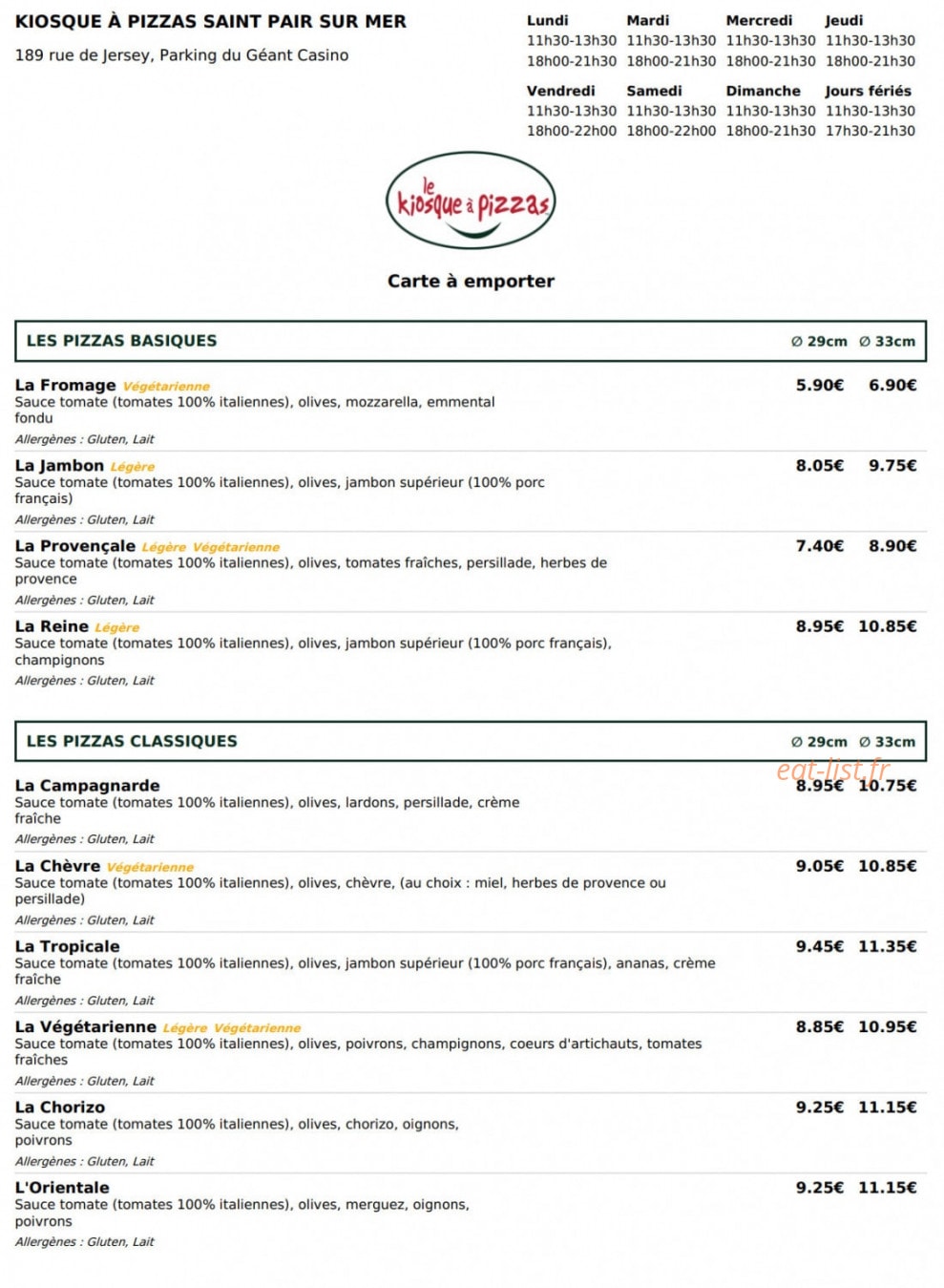 Le Kiosque à Pizzas — carte page 1