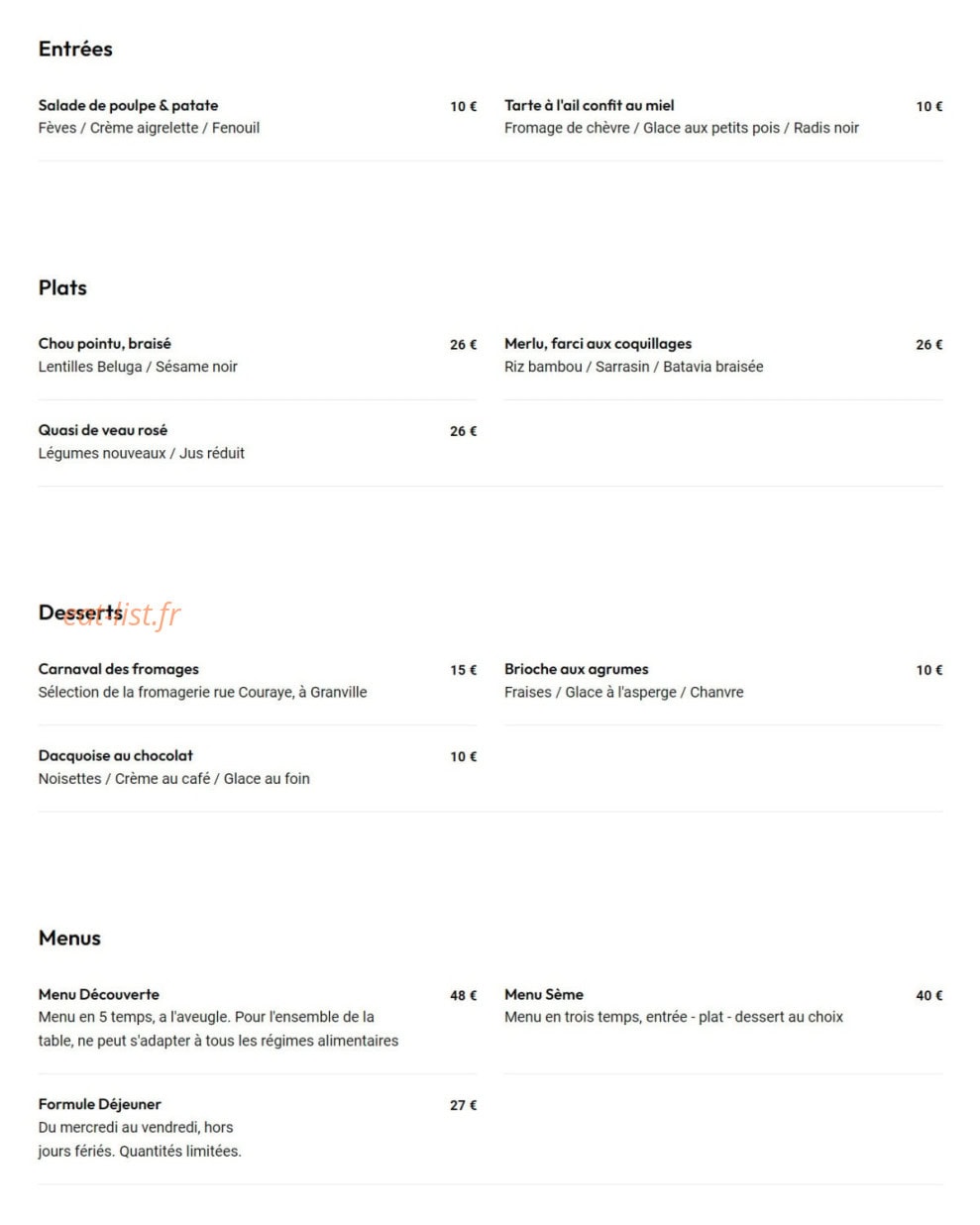 Sème Restaurant — carte page 1