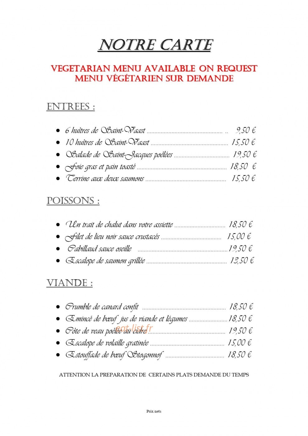 Carte et menu de Auberge du vieux chateau à Saint Sauveur le Vicomte — entrées, poissons, viandes