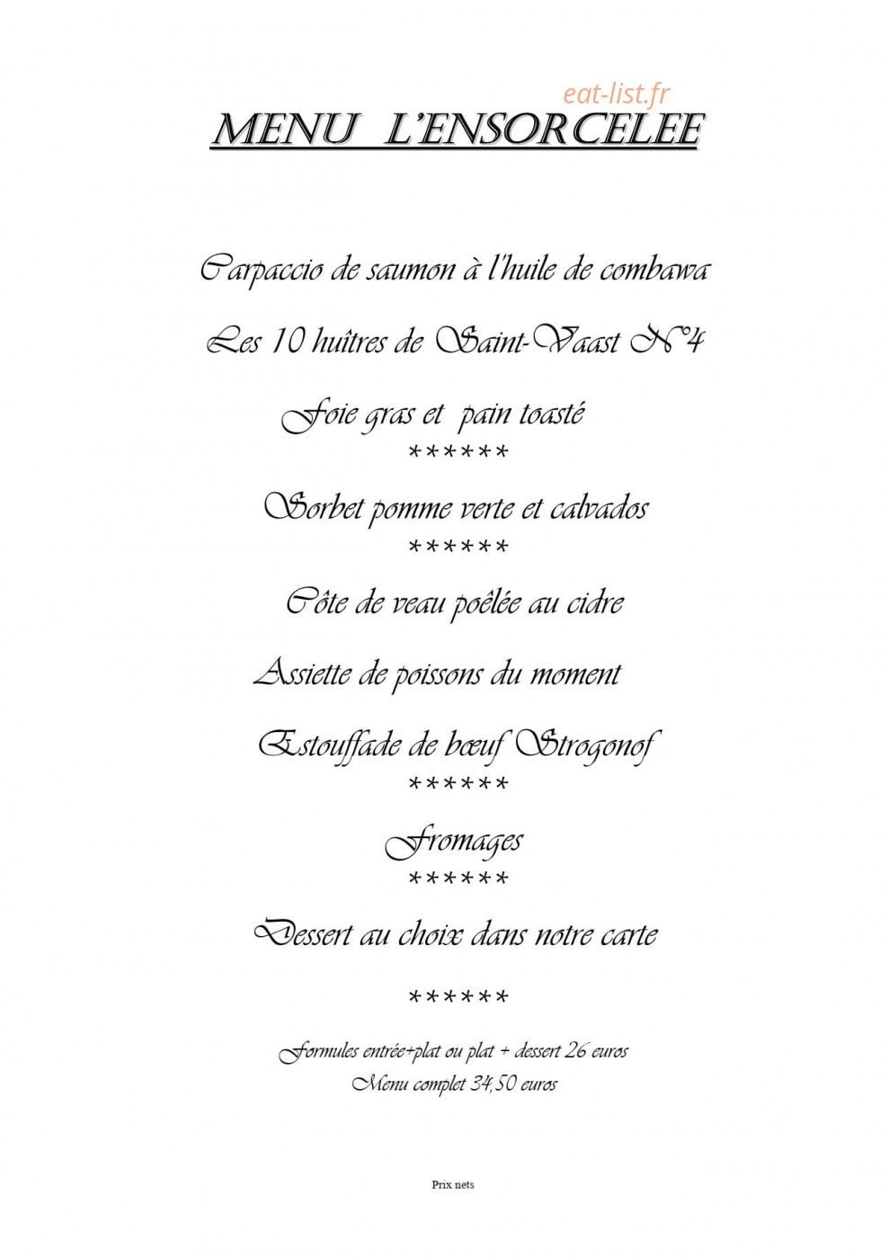 Carte et menu de Auberge du vieux chateau à Saint Sauveur le Vicomte — menu ensorcelle