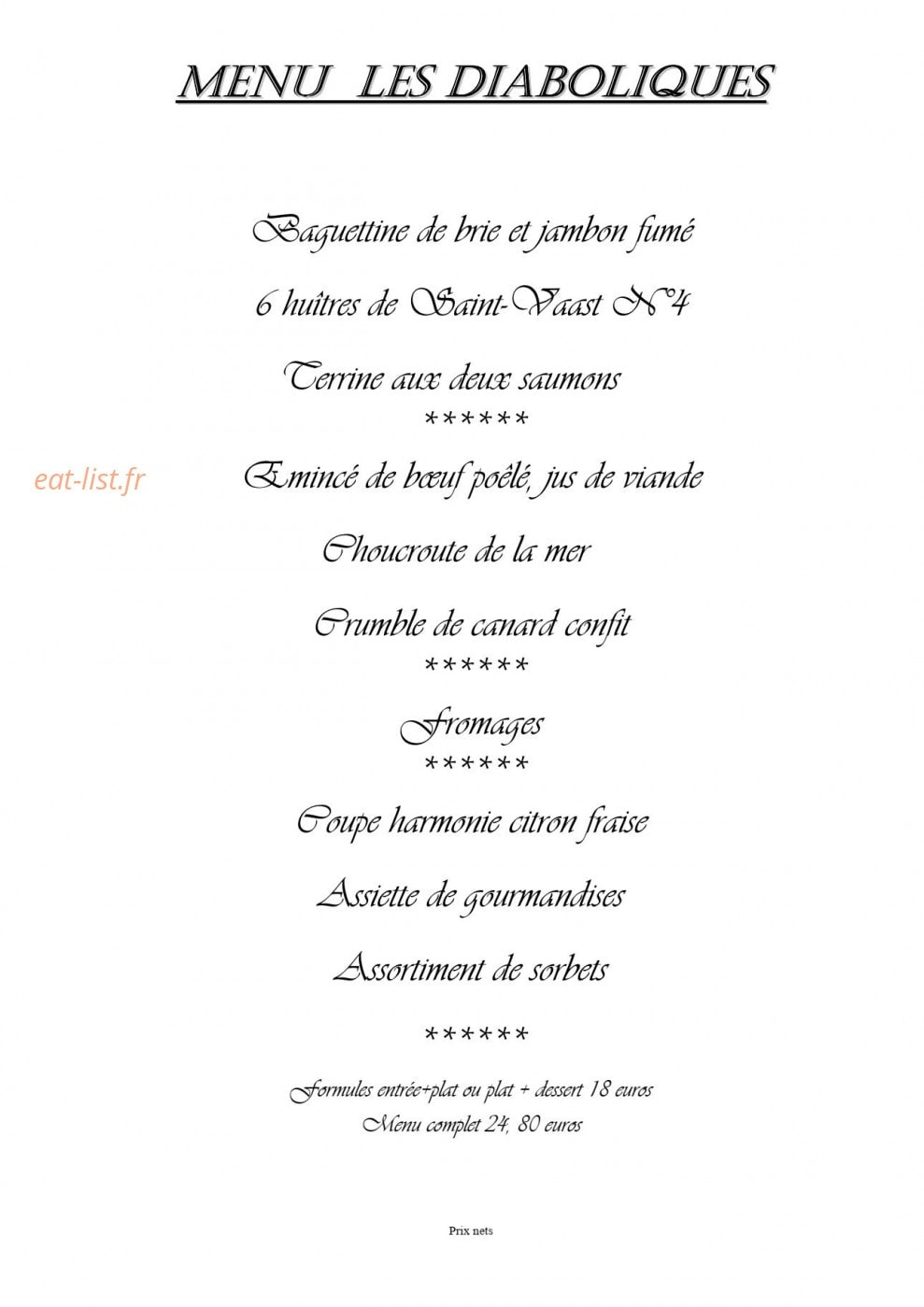 Carte et menu de Auberge du vieux chateau à Saint Sauveur le Vicomte — menu diaboliques