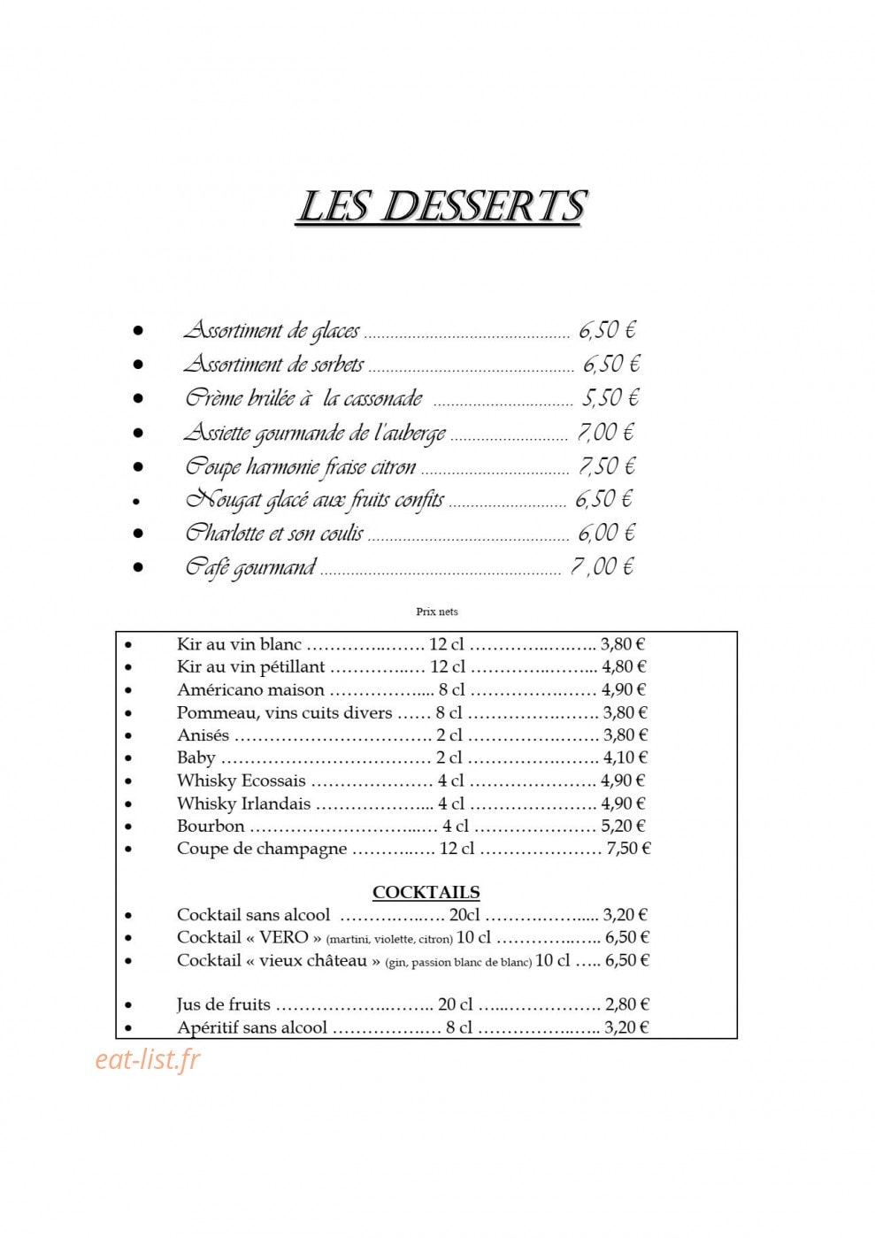 Carte et menu de Auberge du vieux chateau à Saint Sauveur le Vicomte — desserts, boissons