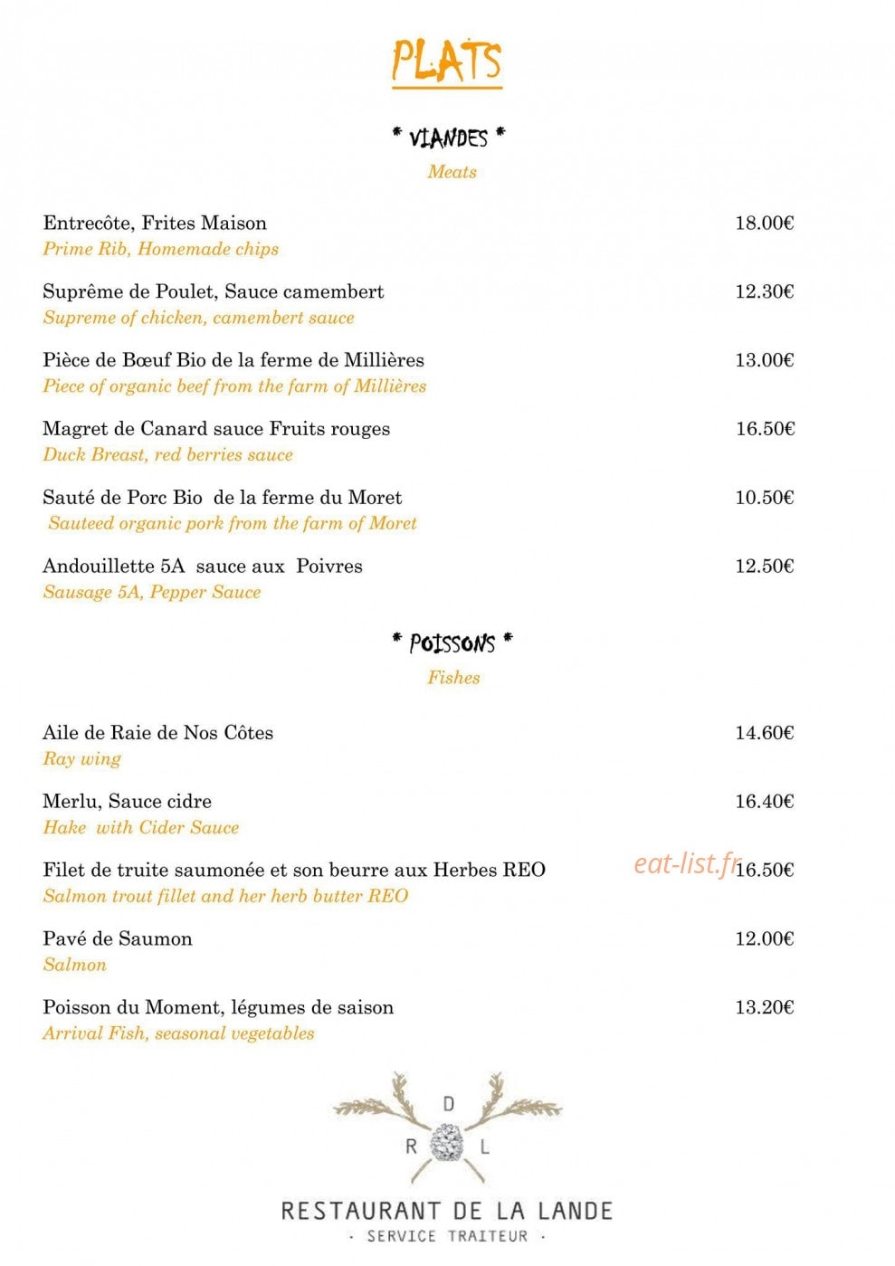 Restaurant de la Lande — carte page 2