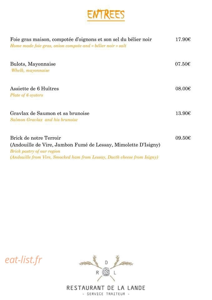 Restaurant de la Lande — carte page 1