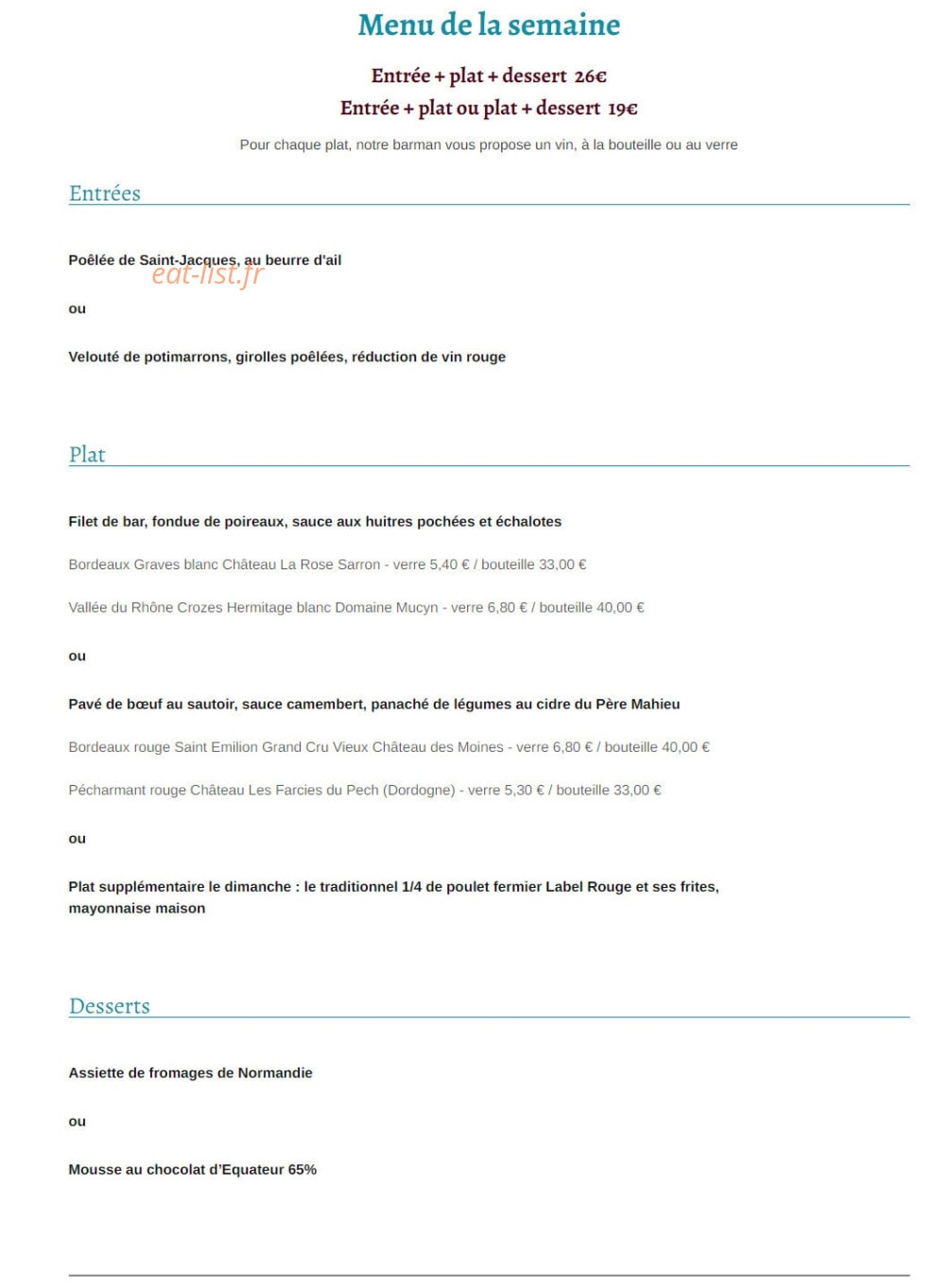 Carte et menu de Auberge des Goubelins à La Hague — Le menu de la semaine