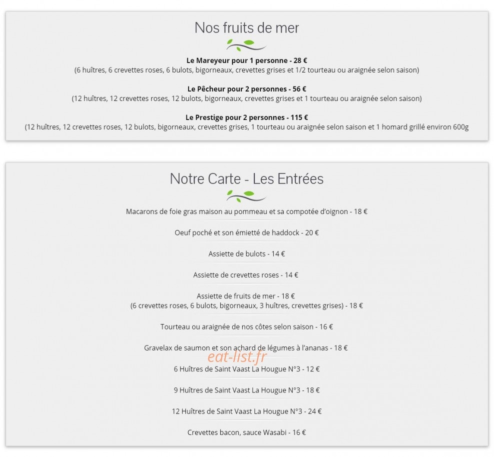 Carte et menu de l'auberge des grottes à La Hague — Fruits de mer et carte des entrées