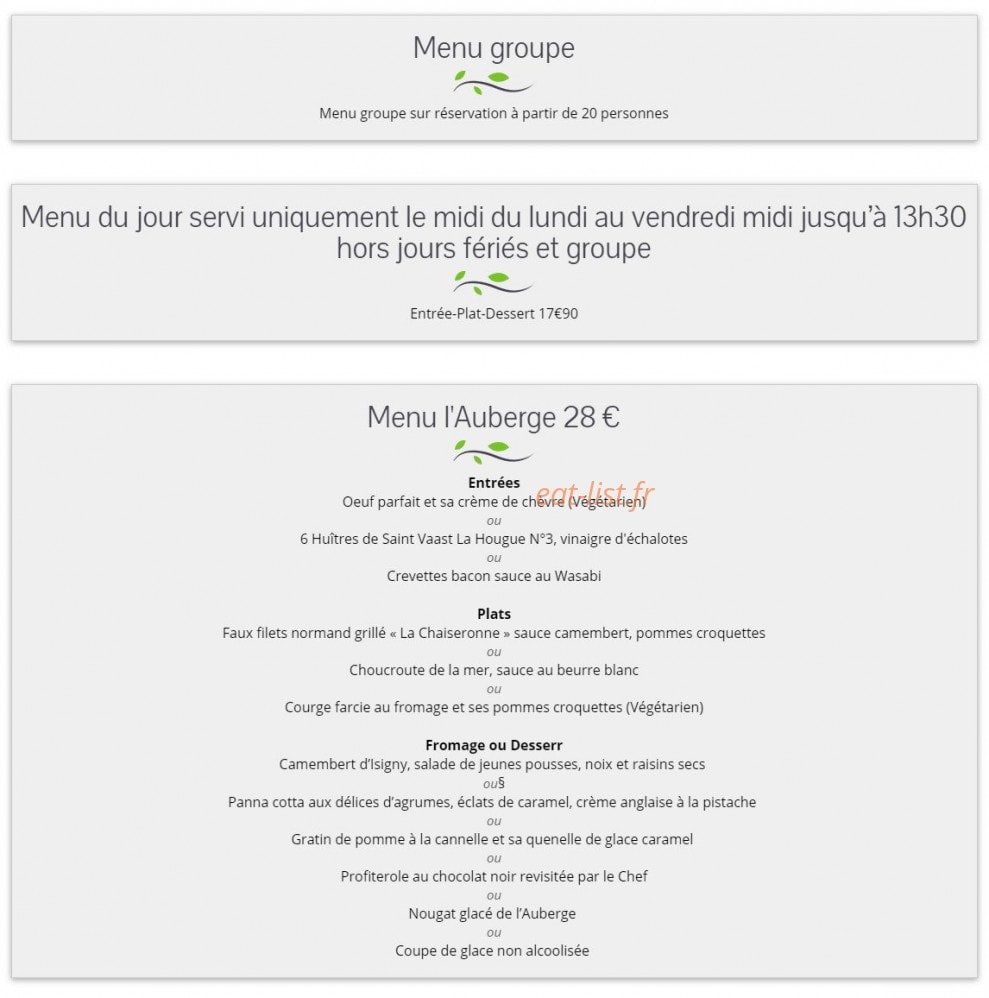 Carte et menu de l'auberge des grottes à La Hague — Menus