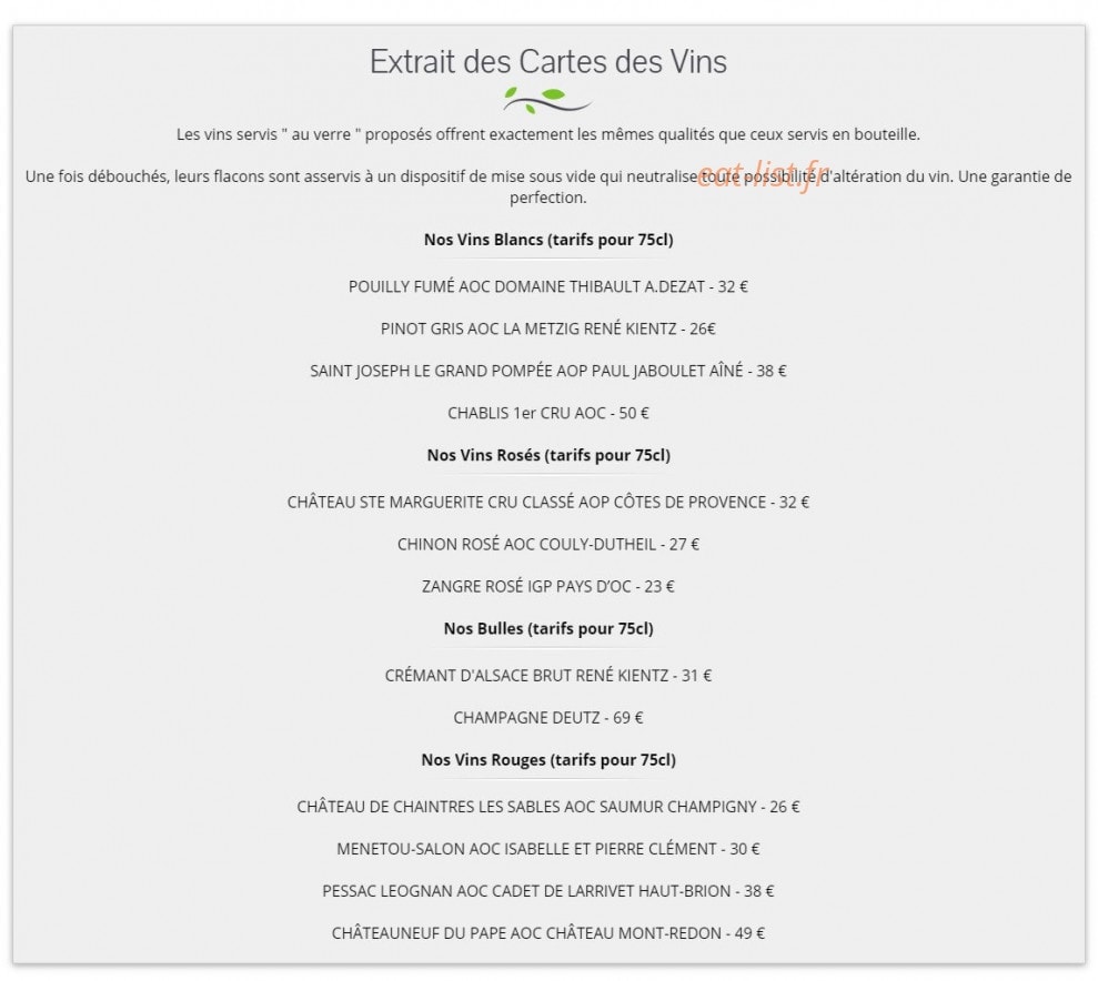 Carte et menu de l'auberge des grottes à La Hague — Extrait de la carte des vins