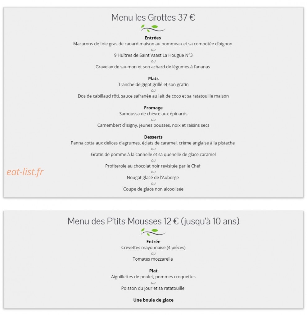 Carte et menu de l'auberge des grottes à La Hague — Menus suite