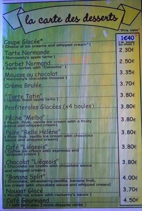 Carte et menu de Harmonie des Saisons à Saint-Sauveur-Villages — La carte des desserts