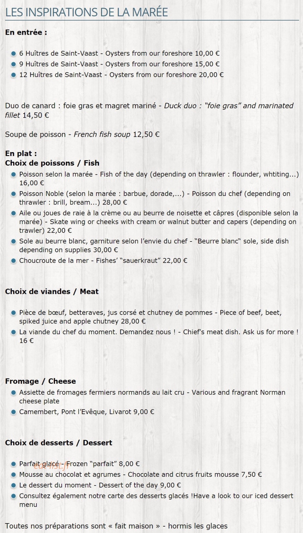 Carte et menu de Le Chasse Marée à Saint Vaast la Hougue — Inspirations de la marée
