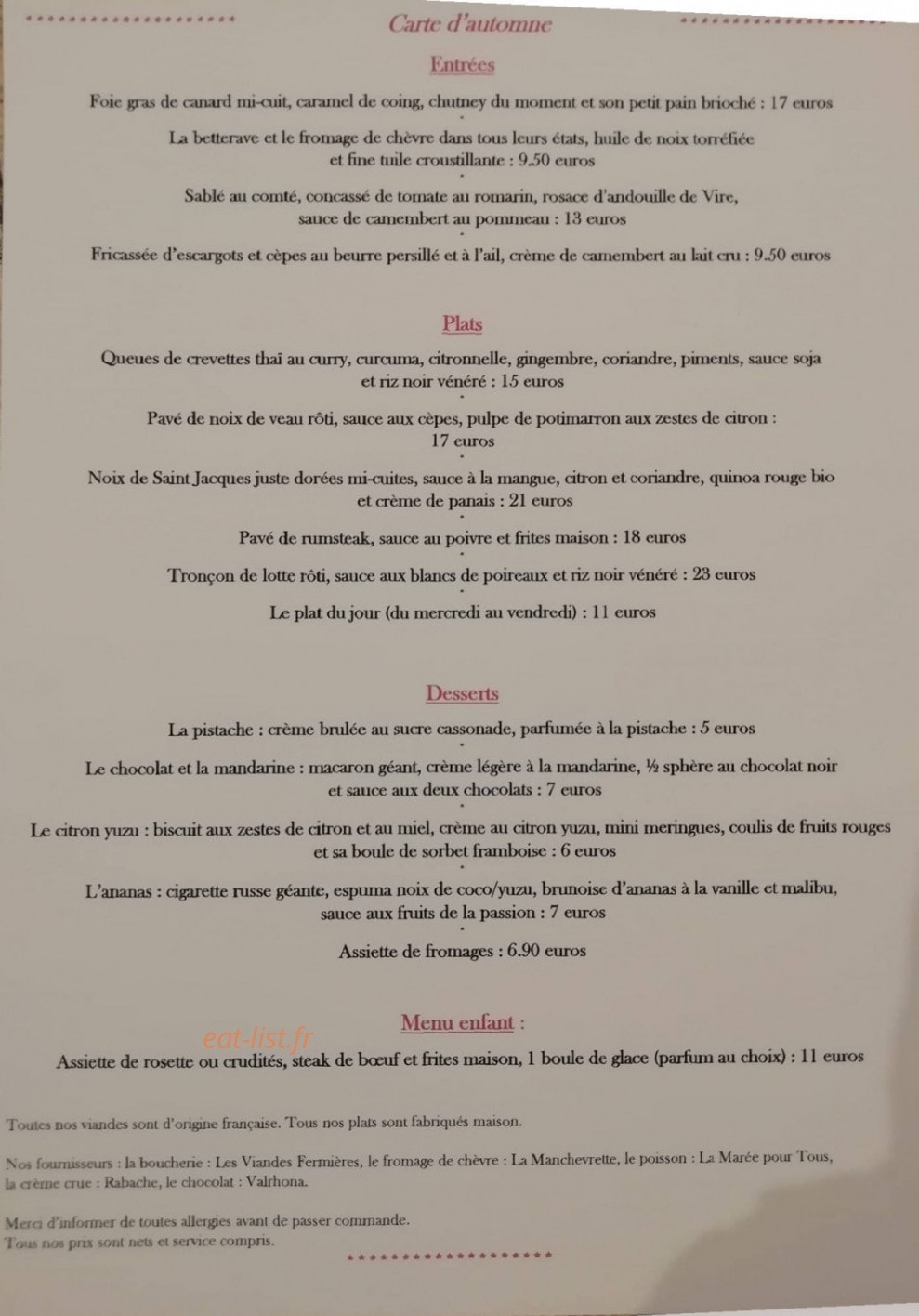 Carte et menu de Auberge de la Fosse Arthour à Saint Georges de Rouelley — La carte d' automne