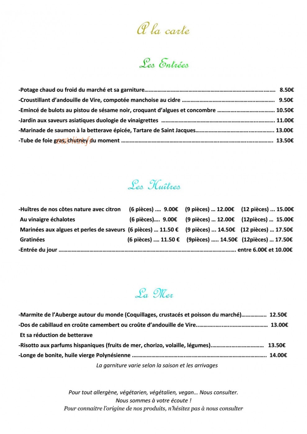 Auberge de carolles — carte page 1