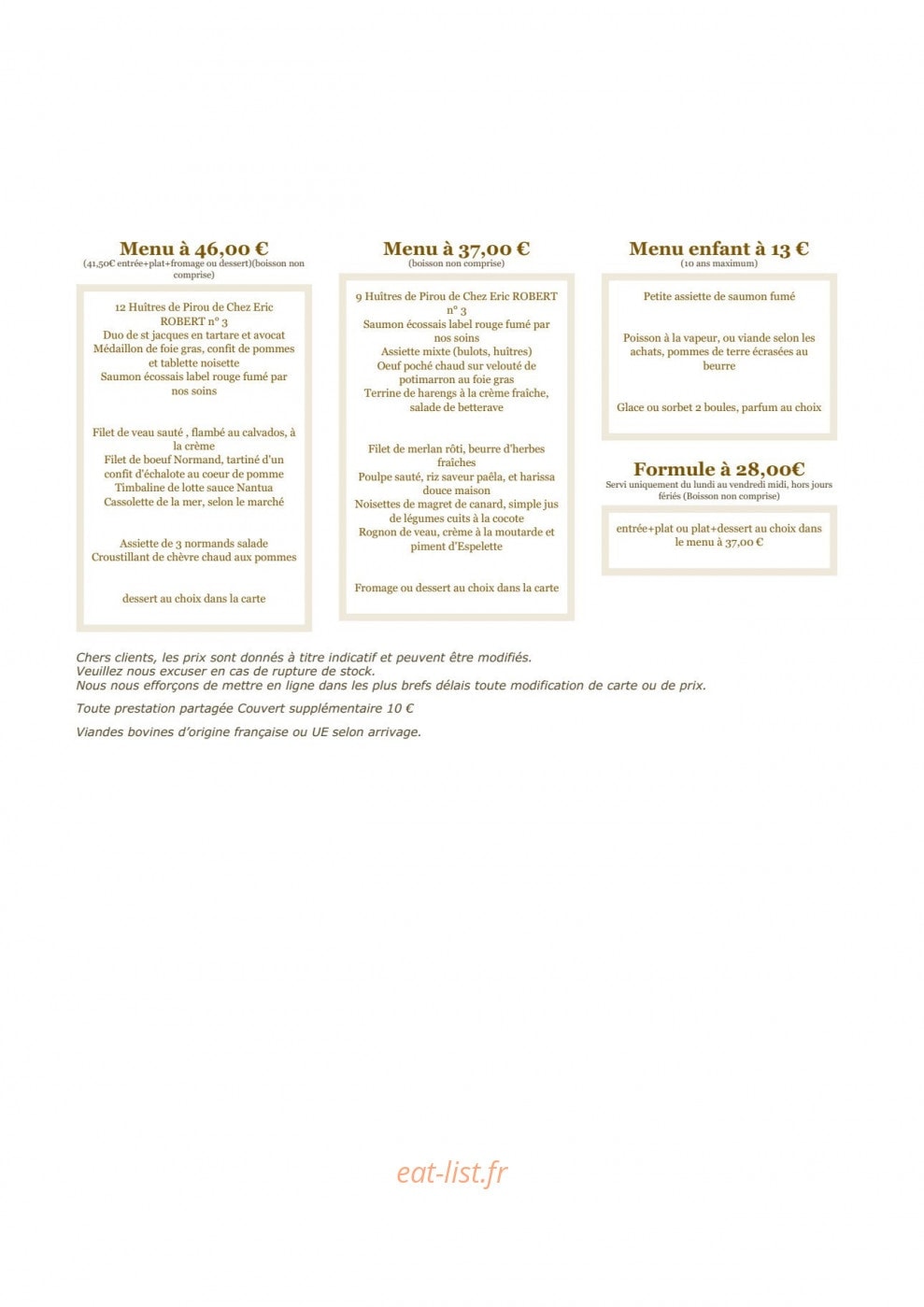 Restaurant de la Mer — carte page 1