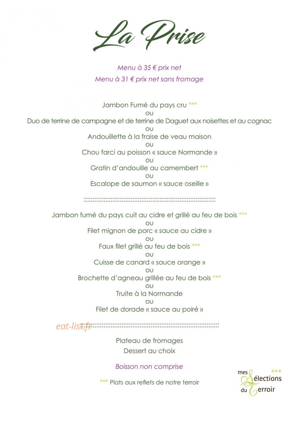 Carte et menu de Manoir de l'Acherie à Sainte Cecile — La prise