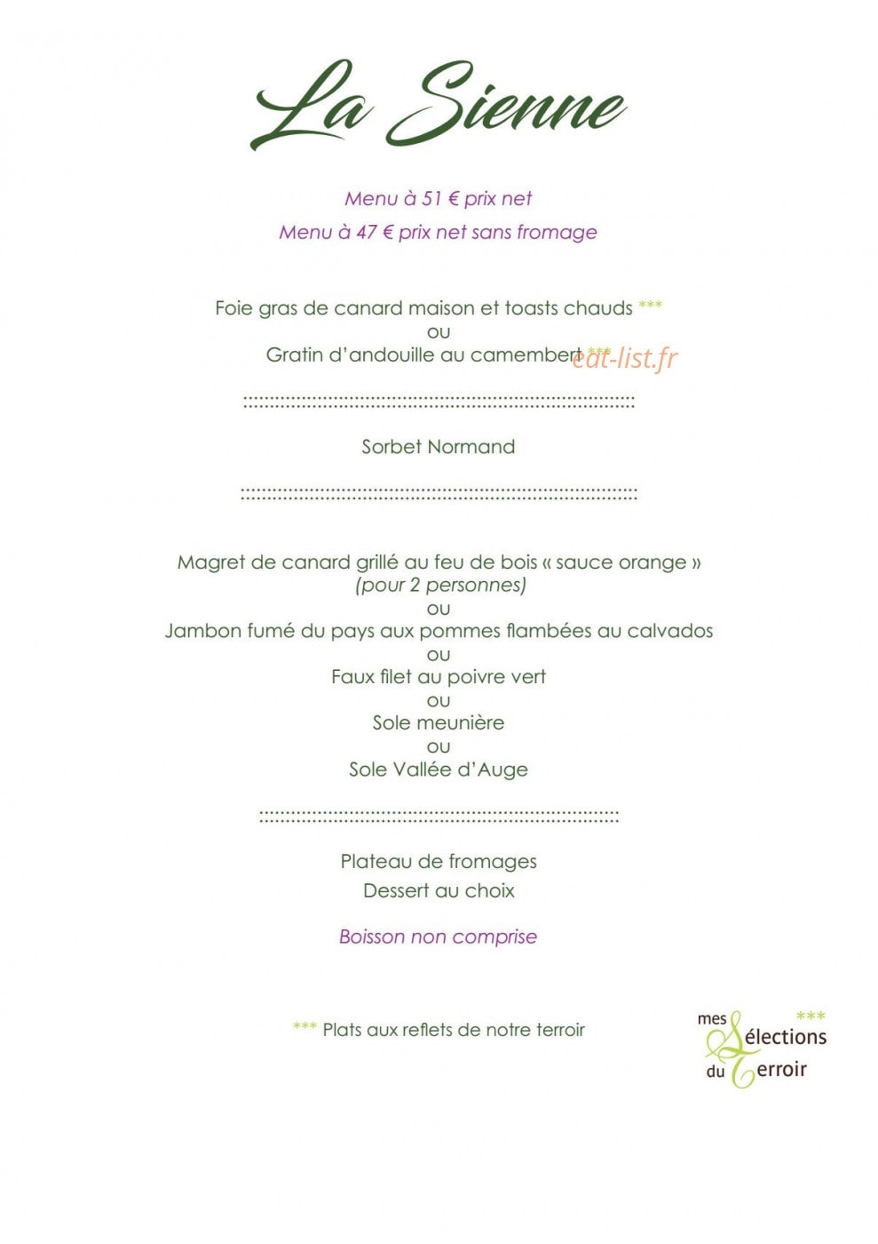 Carte et menu de Manoir de l'Acherie à Sainte Cecile — La siènne