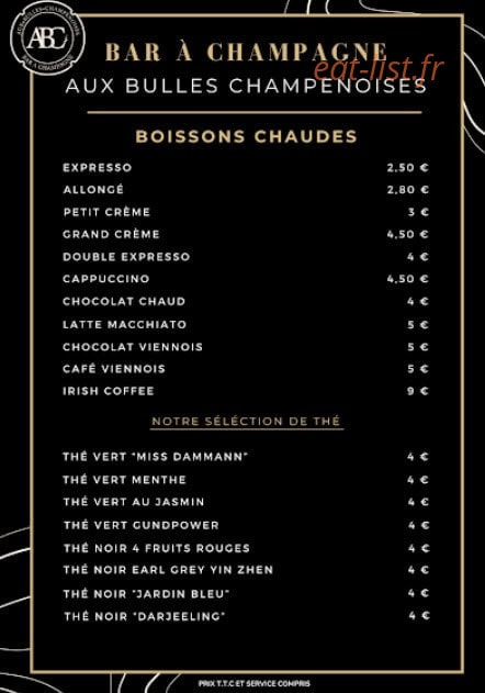 Carte et menu de Aux Bulles Champenoises à Chalons en Champagne — Les boissons chaudes