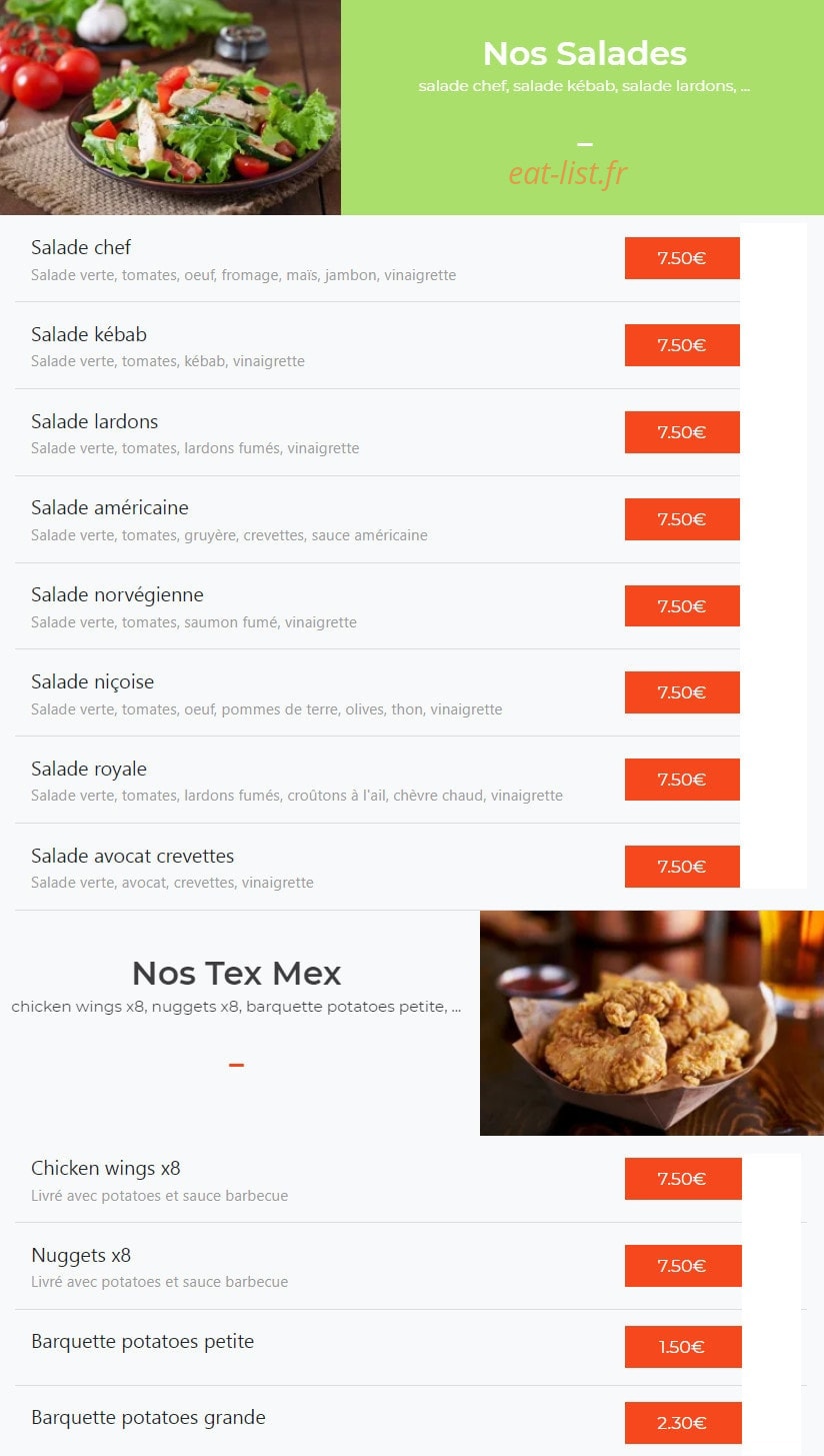 Carte et menu de La Pizza Di Napoli à Chalons en Champagne — Les salades et tex mex