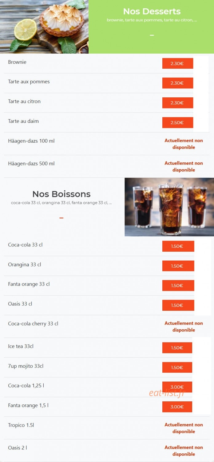Carte et menu de La Pizza Di Napoli à Chalons en Champagne — Les desserts et boissons