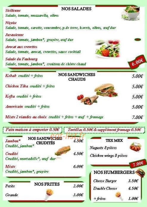 Carte et menu de La pizzeria du Faubourg à Chalons en Champagne — Salades, sandwiches, frites,...