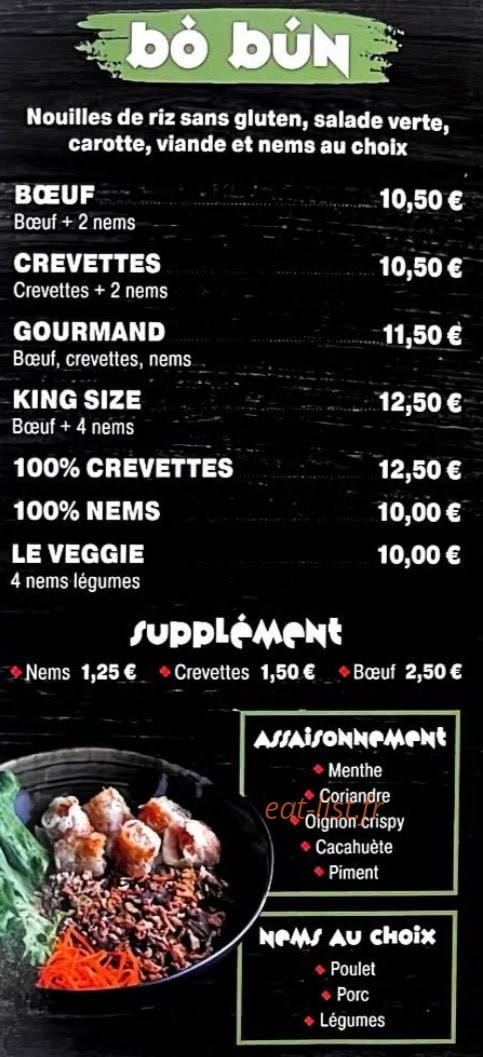 Carte et menu de Le bar à bò bún à Chalons en Champagne — Bo bun et suppléments