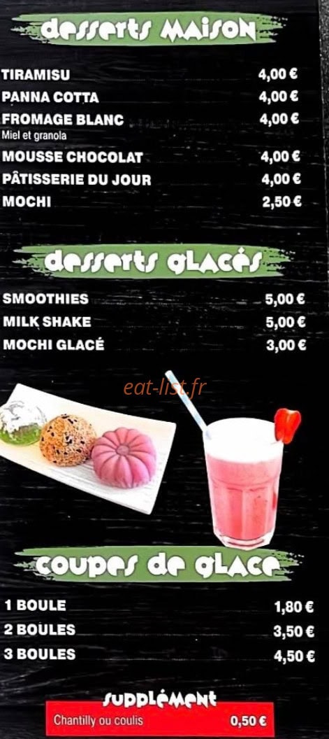 Carte et menu de Le bar à bò bún à Chalons en Champagne — Les desserts et coupes et glace