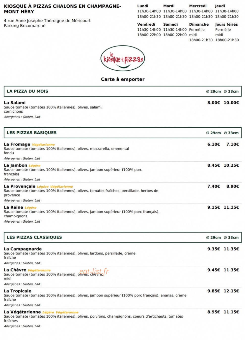 Le Kiosque à Pizzas — carte page 1