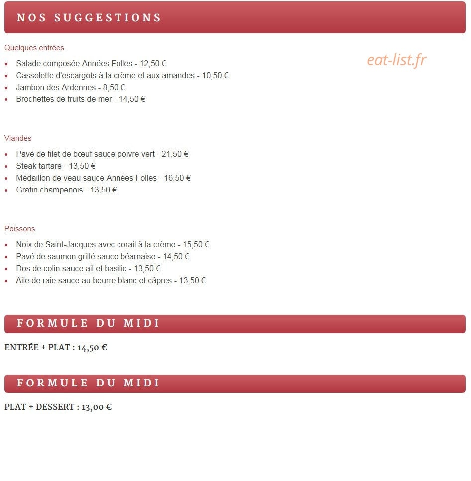 Carte et menu de Les Années Folles à Chalons en Champagne — Suggestions et formules
