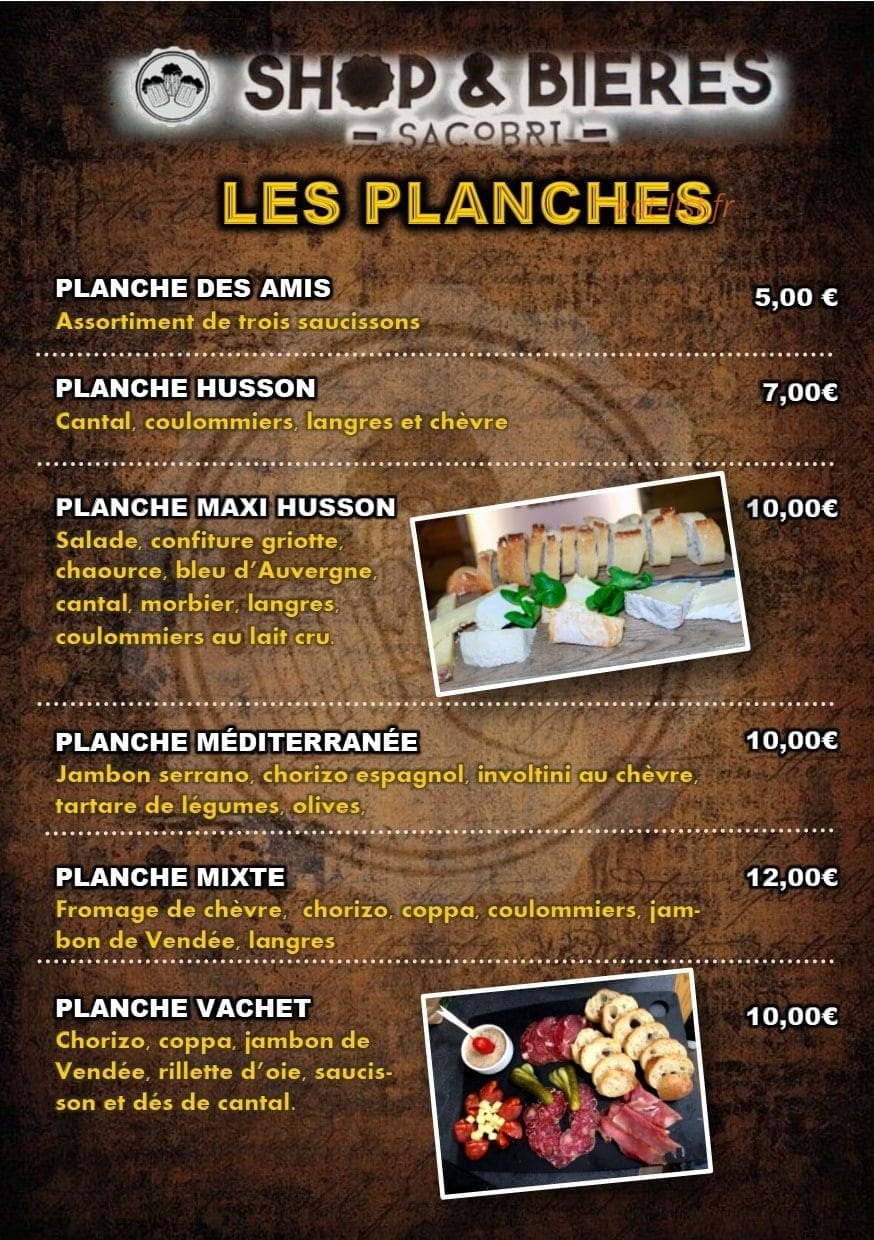 Carte et menu de Shop & Bières Sacobri à Chalons en Champagne — Les planches